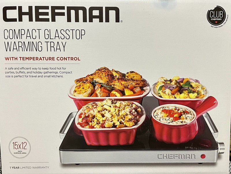 NEW Chefman Compact Glasstop Warming Tray Temperature Control 15” x 12” NIB