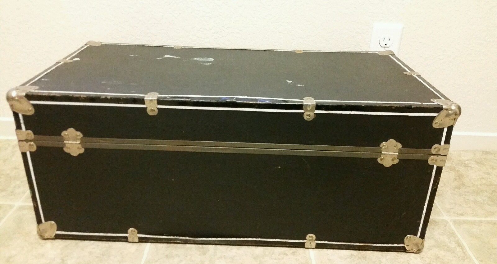 Vintage Black Coffee Table Trunk w/ Metal Corner & Edges Newspaper Lining 28"