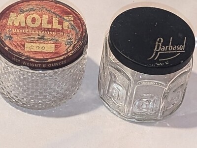 2 Vtg Glass Jars Barbasol Okle Brushless Shave Cream Cool Jars Original Lids