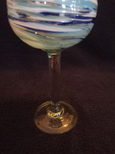 Swirled Blue And White Hand Blown Artisan Wine Glass 9" Tall - Picture 2 of 5