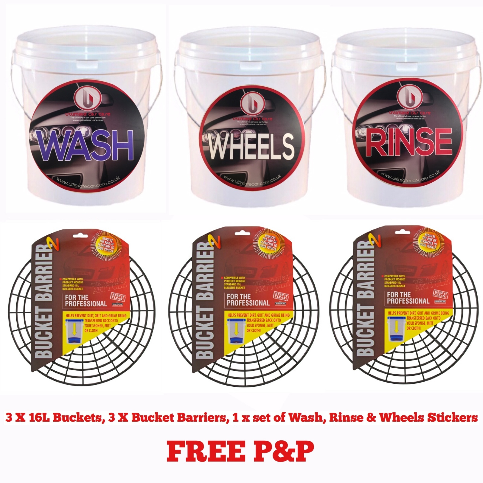3 x 20L Heavy Duty Car Wash Buckets, Guards/Bucket Barriers, 20 Litre