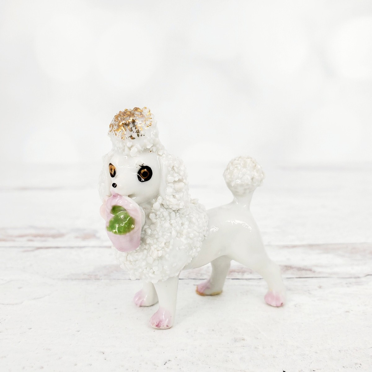 Vintage Small White Spaghetti Poodle Ceramic Figurine Holding