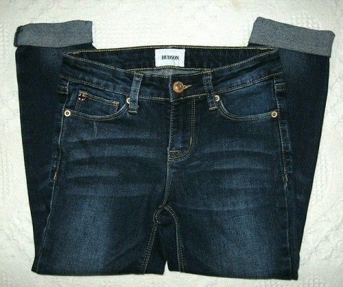HUDSON GIRLS SKINNY JEANS SZ 12 x 19" DARK WASH ROLL UP RAW HEM STRETCH EUC