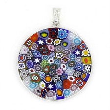 GlassOfVenice Murano Glass Millefiori Pendant "Multicolor" in Silver Frame 1-1/4