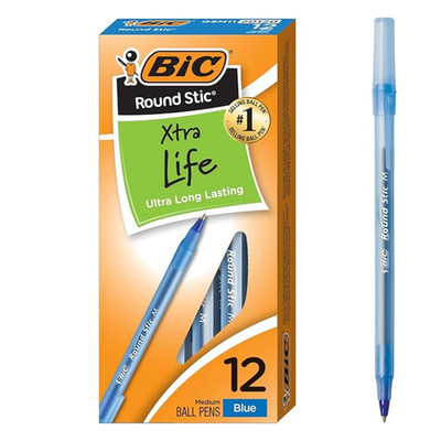 BIC Round Stic Grip Ballpoint Pens 12 Pack Black Blue Red Medium Point Smooth