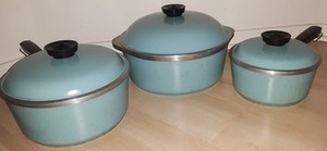 Club Cookware 6-piece Turquoise set cast aluminum 3 pots + lids 1Q 3Q 5Q Vint UC