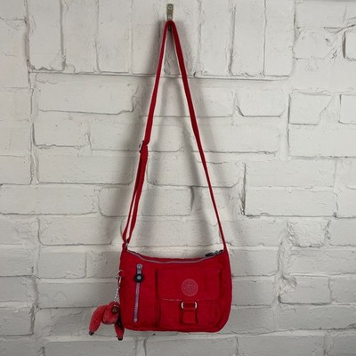 Kipling rote Canvas Handtasche Damen klein Reißverschluss Fronttasche Anhänger