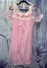 Vintage Sheer Gauzy Pink Sz L Pajama Lacy Nightgown Robe Set Retro Pinup IOP