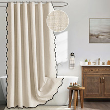 96" Long Scalloped Shower Curtain Linen Textured with 12 Metal Hooks Cute Extra