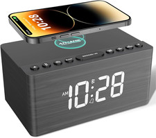 Wooden Bluetooth Speaker Alarm Clock with Fm Radio, Wireless Charging Station fo