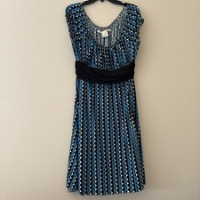 Max Studio Geometric Print Off Shoulder Empire Waist Midi Dress Blue Black Small