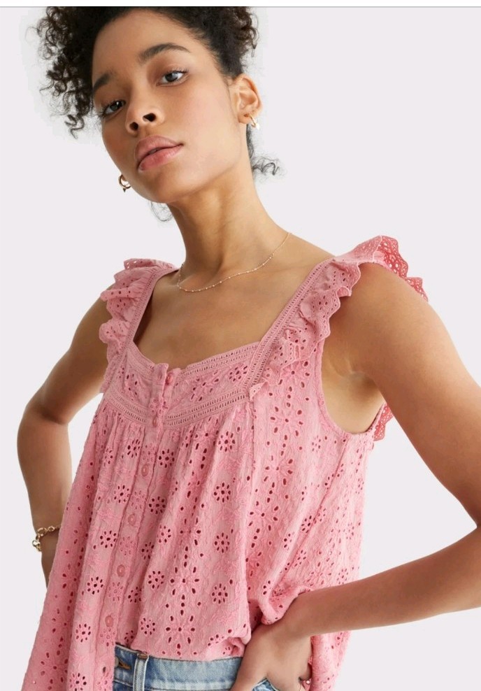 Lucky Brand Women XS Pink Rose Eyelet embroidered Tank Cami Top NWT