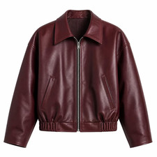 Men's Burgandy oversized Zip Up Real Leather Jacket Coat