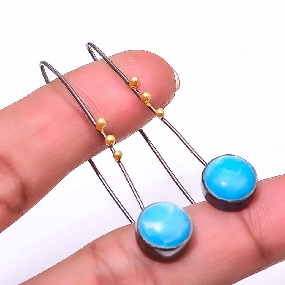 Larimar 925 Sterling Silver Black And Gold Rhodium Plated Earring 1.95" E52 - Image 3 of 4