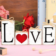Valentines Day Decoration Love Red Heart Wooden Block Signs Indoor Tabletop 4Pcs