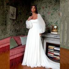 Simple Wedding Dresses Chiffon Square Neck Backless Boho Puff Sleeve Bride Gowns