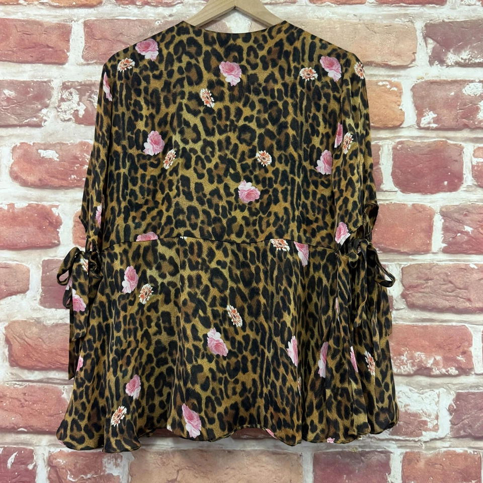 Camisa Top Nicole Miller Mujer Grande Multicolor Estampado Animal Floral Mangas Corbata Foto 4 de 4