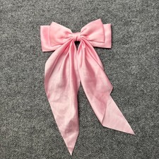 Pink Satin Bow Hair Clip Large Ribbon Barrette Handmade Long Tail Costume AS IS