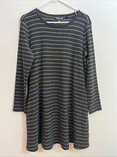 Toad & Co L Dress Blue Tan Stripe Organic Cotton Recycled Polyester Pockets