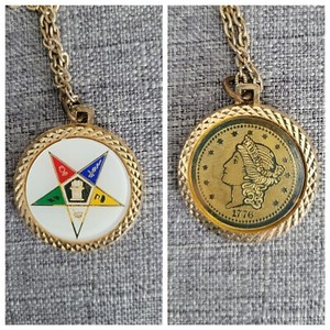 Vintage Masonic Eastern Star Pendant Necklace w Liberty 1776 Gold Coin - 2 Sided