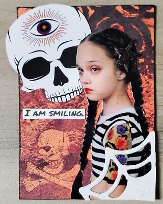 Mixed Media Collage Art Card ACEO ATC Wednesday Addams Inspired I Am Smiling 