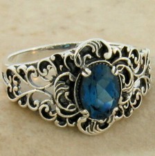 GENUINE LONDON BLUE TOPAZ 925 STERLING SILVER VICTORIAN STYLE RING     849X