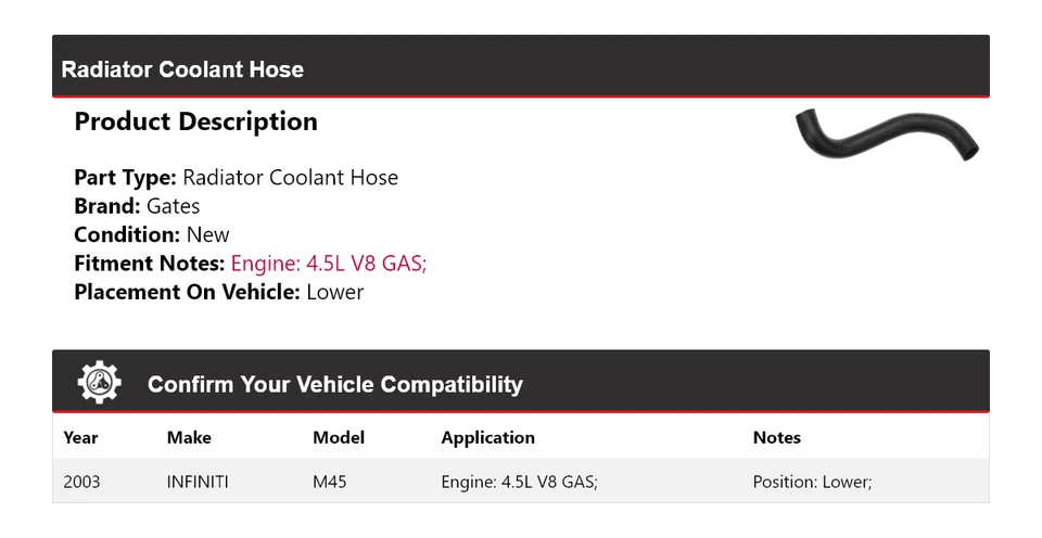 Manguera de refrigerante de radiador de gas Infiniti M45 2003 4,5 L V8 puertas inferiores Foto 2 de 4