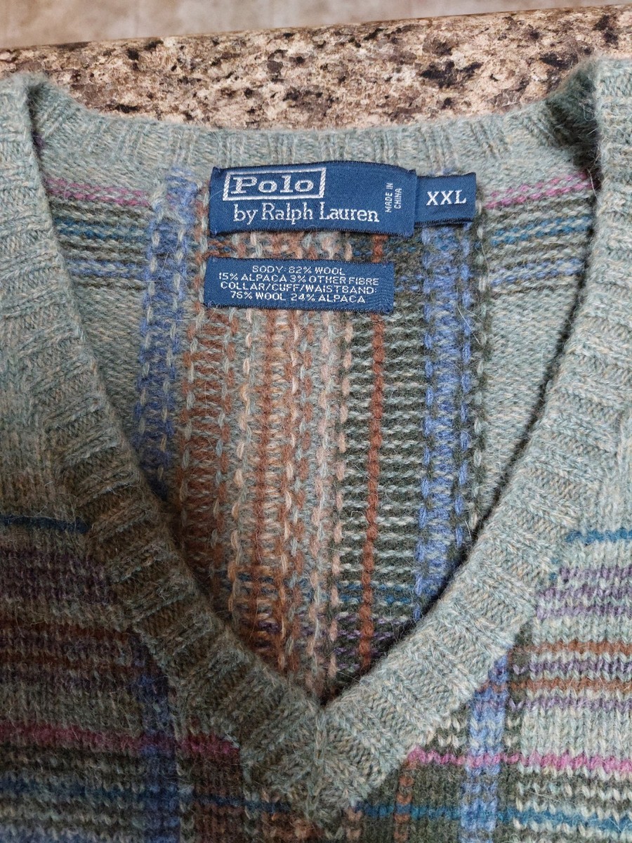 トップス 90s Ralph Lauren Wool Alpaca V-Neck knit Vtg 90s Ralph Lauren Mens 2XL Alpaca Wool Knit Multicolor Plaid V