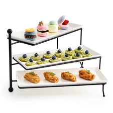 3 Tiered Serving Stand Foldable Rectangular Food Display Stand With White Porcel