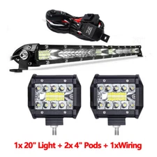 20in LED Light Bar Combo Spot Flood Truck Offroad+2x 4" Pods For Jeep SUV+Wiring