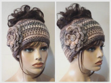 crochet handmade womans messy bun hat flower beanie bark brown