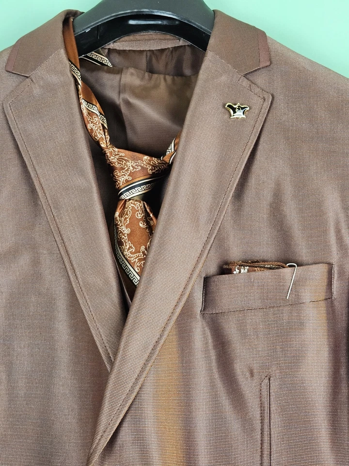 EJ Samuel Mens 42R 4 Piece Suit Brown Floral Modern Fit 36R Pants Tie Pocket - Image 3 of 4