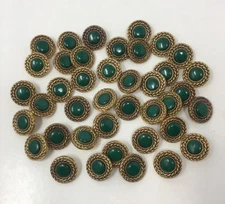 3 Green Faux Rhinestone Shank Buttons with Antique Gold Circular Rope Edge AA43