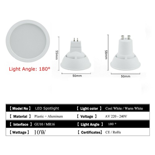 GU10 GU5.3 220V 240V 10W Dimmable LED Spotlight Bulbs Acrylic+Aluminum Lamp R2 - Picture 2 of 13