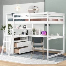 Full Size Loft Bed with Shelves and Desk Wooden Loft Bed Frame w/ Storage Drawer