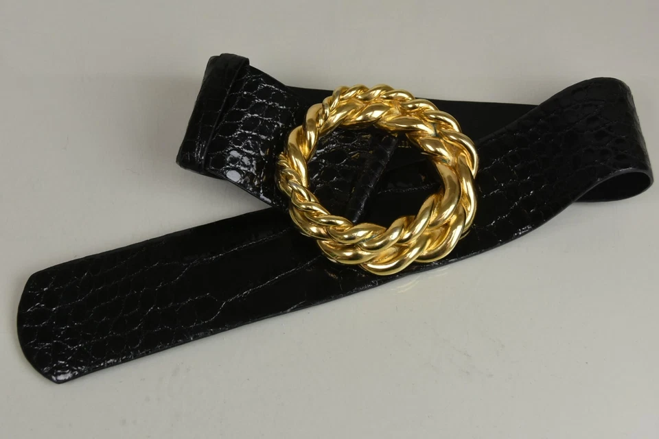$1490 NUEVO Cinturón Oscar de la Renta AMPLIO COCODRILO COCODRILO COCODRILO Negro Dorado XS Foto 3 de 4