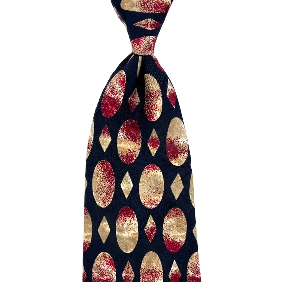 Gravata preta Trussardi - Diamantes ovais vermelhos e dourados geométricos vintage seda Itália gravata - Imagem 2 de 4