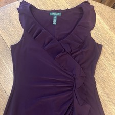 Lauren Ralph Lauren Sleeveless Dress Sz 12 Ruffled Plum Stretch Ruching Lined