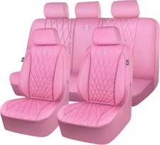 CAR PASS 5 Seats Piping Luxury Leather Seat Covers Full Set, Pure Pink 