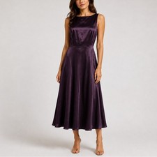 BHLDN Alice Satin Midi Dress Purple Plum Sleeveless V-Back Wedding Formal XS