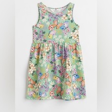 H M Girls Floral Butterfly Print Dress Size 8-10Y Green Spring Summer Cotton