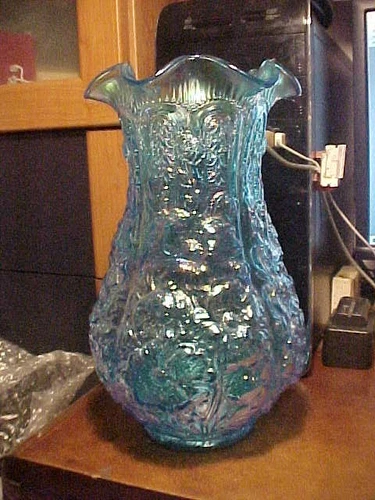 Vintage 12 1/2" Tall Fenton Blue Iridescent  Color Art Glass Poppy Show Vase
