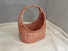 Vintage Pink Wicker Rattan Handled Basket Cottagecore