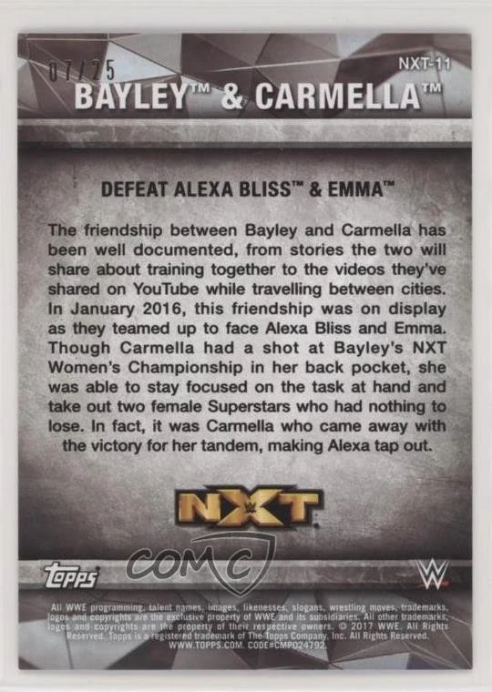 2017 Topps WWE Women's Division Blue /25 Bayley Carmella #NXT-11 Rookie RC - Image 2 of 2