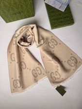 Gucci Beige Wool Silk Scarf Shawl Italy Unisex Fringe New