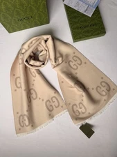 Gucci Beige Wool Silk Scarf Shawl Italy Unisex Fringe New