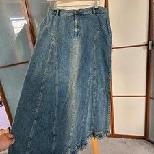Vintage handmade denim aline maxi skirt fringed hem size 10-12 y2k bohemian