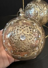 Hand Blown Embellished Gold Glass Round Ball Christmas Tree Ornaments Set Of 2