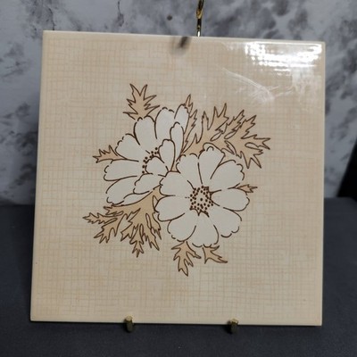Vintage Ceramic Tile Wall Art Floral Daisy MCM Decor Made in Brazil 6x6 Cream