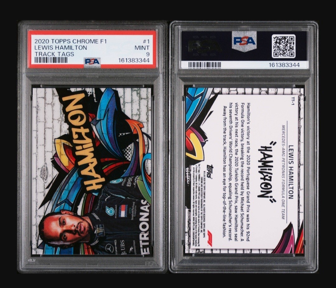 2020 TOPPS CHROME FORMULA 1 TRACK TAGS #1 LEWIS HAMILTON TRACK TAGS PSA 9 view 3
